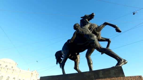 Häst Tamer Skulptur Anichkov Bridge Skapad 1851 Unikt Stadslandskap Centrala — Stockvideo