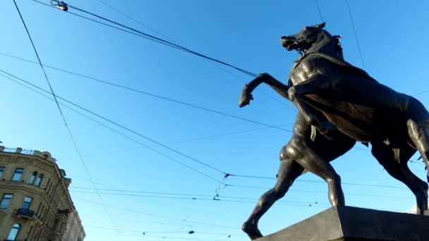 阿尼奇科夫桥的马塔莫雕塑创建于1851年 圣彼得堡市中心独特的城市景观 中央历史名胜城市 俄罗斯最好的旅游胜地 首都俄罗斯帝国 — 图库视频影像