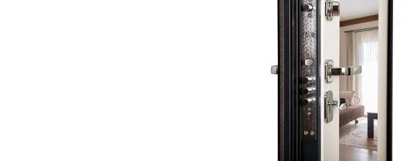 Відкриті Вхідні Двері Білому Тлі Ізоляції Концепція Відкритих Дверей Квартиру — стокове фото