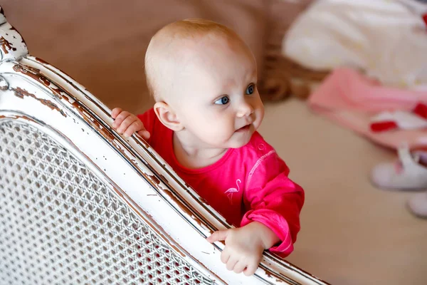 Cute Happy Blue Eyed Month Old Girl Bright Red Dress — Stock Photo, Image