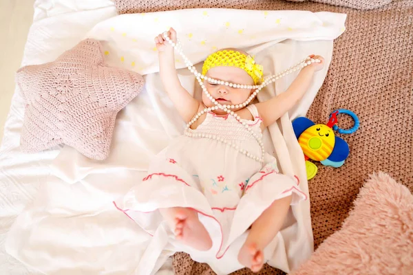 Cute Happy Blue Eyed Month Old Girl White Dress Plays — Stock Photo, Image