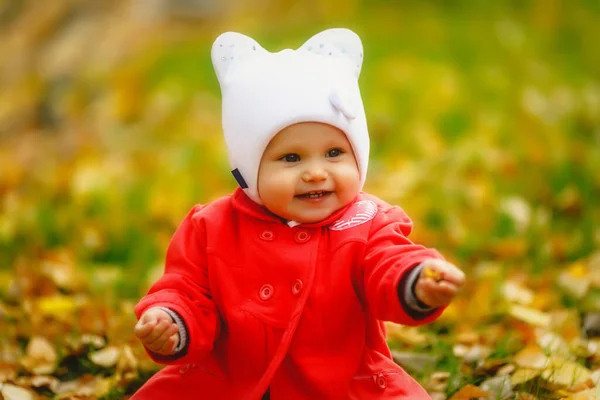 秋天树叶里的孩子迈出了第一步 蓝眼睛的一岁小女孩 穿着红色外套 戴着白色的帽子 迷人的婴儿表现出感情 健康儿童和养育子女的概念 — 图库照片