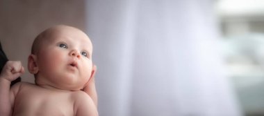 Babanın elinde yeni doğan bebeğin kafasının yakın çekimi. Babam bir aylık bir bebeğin kafasını tutuyor. Çocuğun yüzünde duygular var. Ebeveynin elinde küçük bir çocuk kafası. Yeni doğan çocuğa bakma kavramı