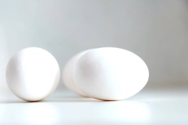 Beyaz arka planda beyaz tavuk yumurtası. Yumurta masada, doğal sağlıklı yiyecekler. Yaratıcı minimalist altyapı. Organik tarım ve düzgün beslenme kavramları. Bir yazı veya logo için yer