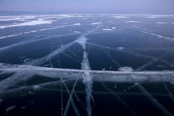 Lago Baikal Invierno Hermosa Vista Del Agua Congelada Bloques Texturizados —  Fotos de Stock