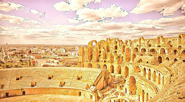 Impressive Ruins Largest Colosseum North Africa Huge Roman Amphitheater Small — Stock Photo, Image