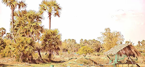 Ilustración Palmeras Cabañas Selva Tropical Asia Increíble Paisaje Fondo Selva — Foto de Stock