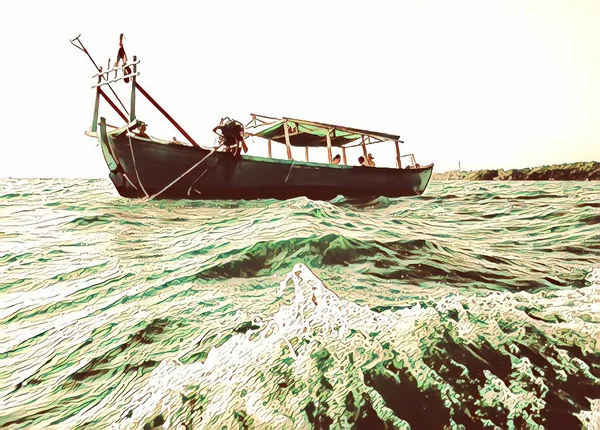 Ilustração Barco Pesca Ondas Golfo Tailândia Camboja Velho Barco Madeira — Fotografia de Stock