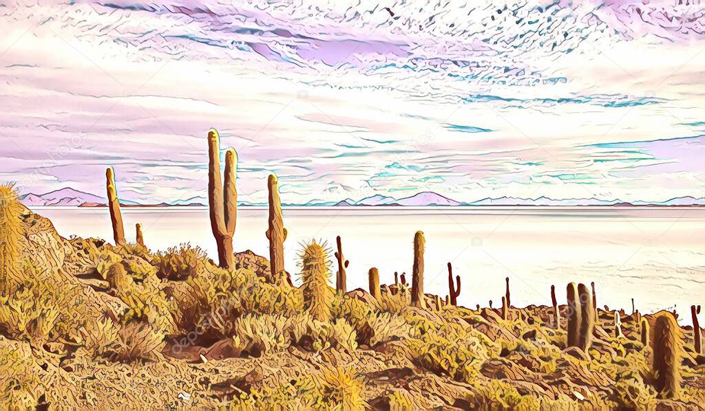 Illustration. Salar de Uyuni. Big cactuses on Incahuasi island. Cactus island in Uyuni salt marsh in Bolivia. Giant cacti on background of white salt and textured sky. Tourism in South America