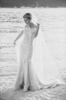 Düğün günü gün batımında okyanusta ya da denizde gelin. Gelinin gelinlik ve duvak giymiş silueti, dağların arkasına giden güneşin arka planına karşı. Düğün gününün sonu.