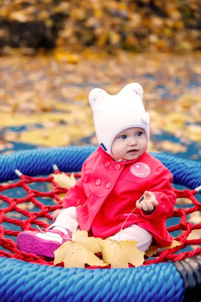 Child Rides Swing Yellow Autumn Leaves Cute Happy Blue Eyed — Stock Photo, Image