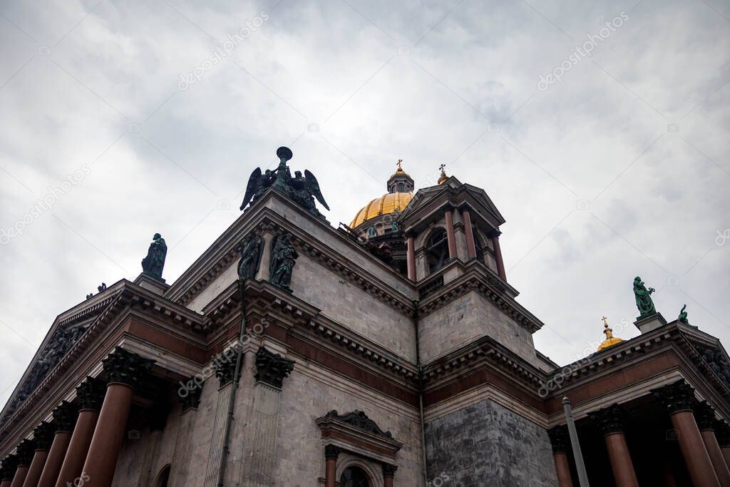 St Isaac Cathedral in cloudy weather day. Museums Isaac's Square. Unique urban landscape center Saint Petersburg. Central historical sights city. Top tourist places in Russia. Capital Russian Empire