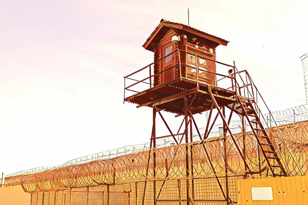 Vězeňská Věž Plot Ostnatého Drátu Dřevěná Věž Prostorem Pro Dozor — Stock fotografie