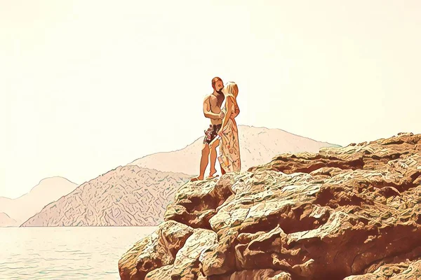 Glückliche Mädchen Und Männer Strandkleidung Küssen Sich Auf Der Küstenklippe — Stockfoto