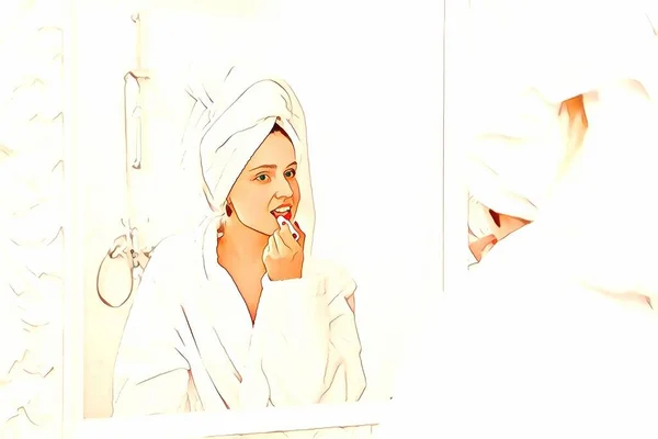 입술을 그리는 슬라브 여인이 나타나면 거울에 입술을 그린다 우먼은 거울을 — 스톡 사진