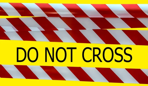 Red and white lines of barrier tape with Do Not Cross title. Barrier tape on yellow isolate. Barrier that prohibits traffic. Warning tape. Danger unsafe area warning do not enter. Concept of no entry