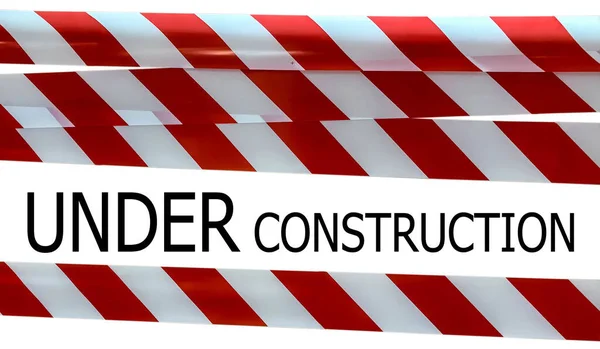 Red and white lines of barrier tape with Under Construction title. Tape on white isolate. Barrier that prohibits traffic. Warning tape. Danger unsafe area warning do not enter. Concept of no entry