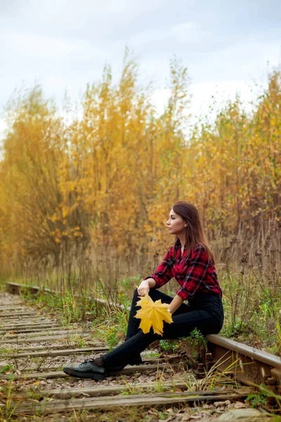 Porträt Einer Hübschen Jungen Frau Slawischen Aussehens Dunklem Kleid Herbst — Stockfoto