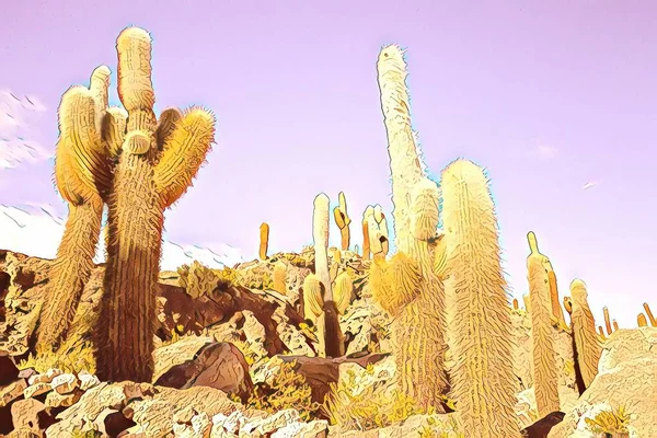 Grote Cactus Incahuasi Eiland Salar Uyuni Zoutvlakte Altiplano Bolivia Landschapsbeeld — Stockfoto