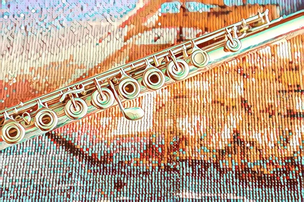 Flute on bright colored background of beads. Part of silver flute lies on blue background. Copyright space for your creativity, creating an inscription or logo. Concept of musical work or concert