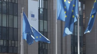 BRÜKSEL, Belçika - 6 Mayıs 2020: Avrupa Birliği Konseyi 'nin koltuğunun önünde Avrupa bayrakları dalgalanıyor.