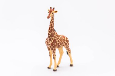 Beyaz arka planda izole edilmiş plastik bir oyuncaktan bir zürafanın fotoğrafını çek.