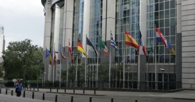  BRÜKSEL, Belçika - 11 Haziran 2020: Avrupa Parlamentosu önünde Avrupa bayrakları