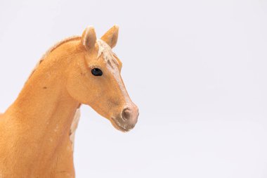 Beyaz arka planda izole edilmiş kahverengi plastik bir ata yakın plan
