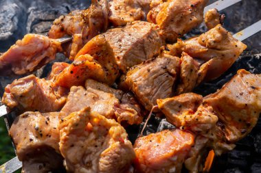 Lezzetli, kokulu kebap ızgarada kızartılmış.