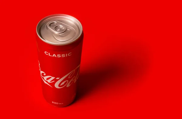 Jar Coca Cola Stands Red Background — Stock Photo, Image