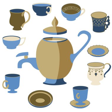 Bir grup kupa. Bir semaver. Çaydanlık. Vektör çizimi. Çay içme seti. Çay tabakları..