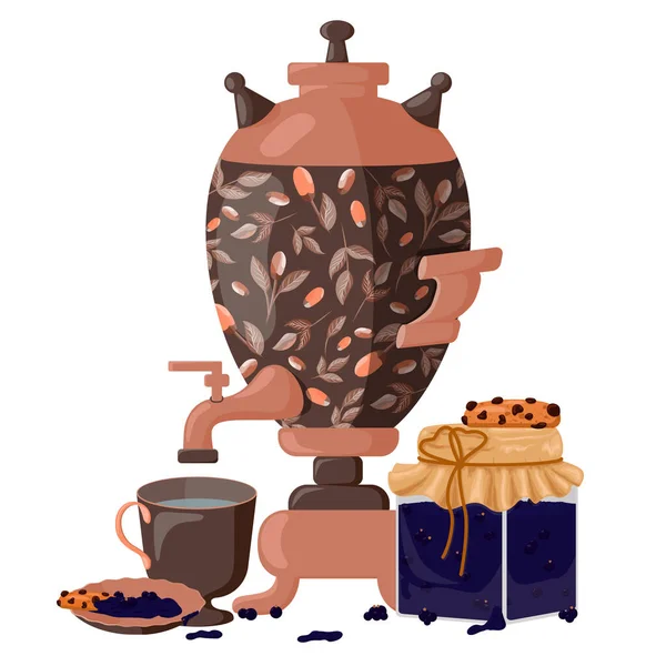 茶会萨莫瓦号醋栗果酱 醋栗浆果 杯子里的水一个舒适的自制茶会 传统的茶水 加萨莫瓦 茶和饼干 — 图库矢量图片
