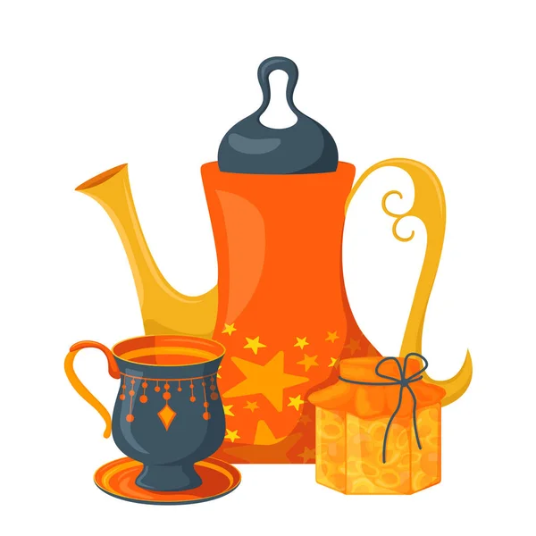 茶具Jam 杏仁果酱 茶壶和杯子 蓝色橙色矢量插图 — 图库矢量图片