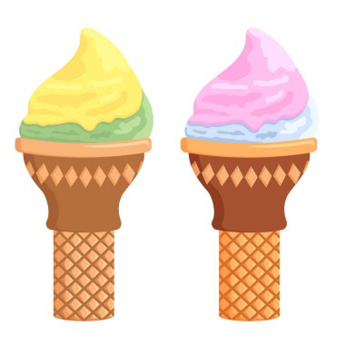 Waffle kabında meyveli dondurma. Yaz vektör illüstrasyonu. Limon. Nane şekeri. Kivi. Çilek. Ahududu. Yaban mersini.
