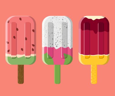 Meyveli dondurma. Yaz ayındayız. Vektör çizimi. - Süper. Çubukta dondurma. Karpuz. Greyfurt. Pitaya. Pitahaya