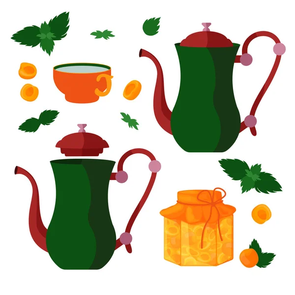 Зелений Чайник Монетний Чай Монетний Двір Абрикос Векторні Ілюстрації Абрикосове — стоковий вектор