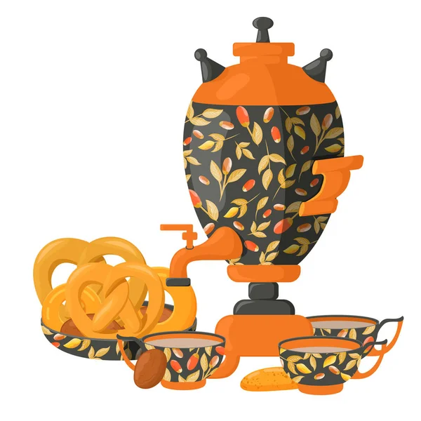 Samovar Tradicional Con Patrón Floral Ilustración Vectorial Para Beber — Vector de stock