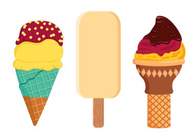 Dondurma topları ve waffle bardağında çilek jölesi. Kapatılıyor. Çikolata jöleli çilekli dondurma. Mango dondurması..