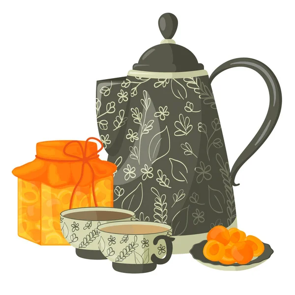 Пиття Чаю Векторна Ілюстрація Чашка Кави Чашка Чаю Абрикосове Варення — стоковий вектор