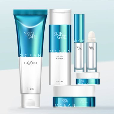Vektör Metalik Mavi & Beyaz Tasarım Güzellik, Tıbbi Cilt Ürünleri veya Koku Üzerine Yuvarlanma veya Deodorant Mini Cam Şişesi, Tüpü, Flip Kapak Şişesi ve Vidalama Kavanozu.