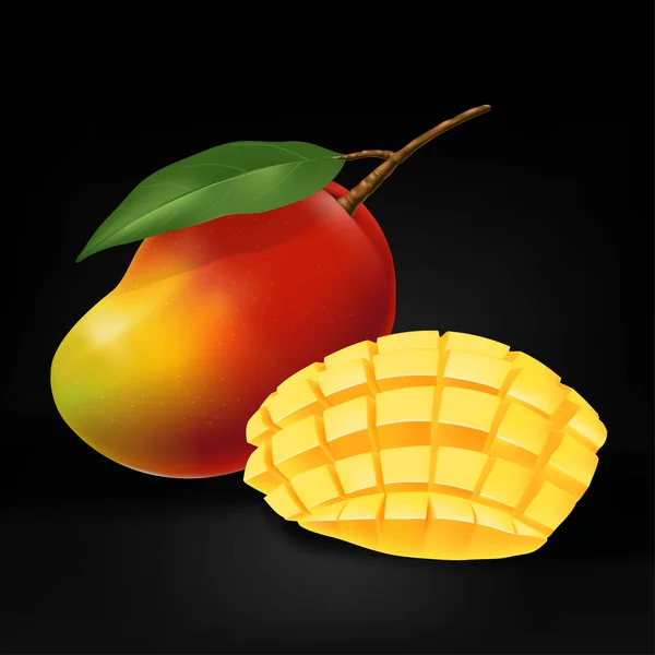 Vector Mango Ilustración Realista Con Hoja Mango Rodajas Fondo Negro — Archivo Imágenes Vectoriales