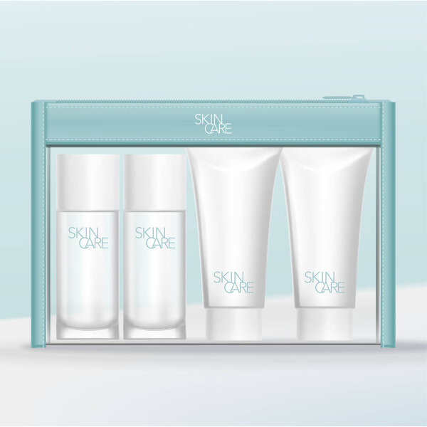 Векторные путешествия Мини-трубы и бутылки Туалетные принадлежности, установленные в прозрачной пластиковой и кожаной молнии мешок
.