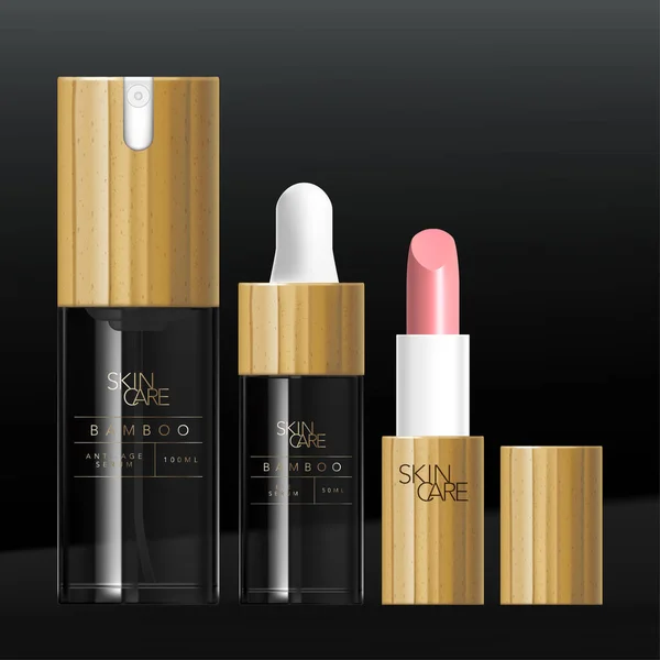 Vector Beauty Bamboo veya Serum Pompa Şişesi, Düşüren Şişe ve Ruj Tüpü ile Tahta Paketleme Seti. Parlak Şeffaf Siyah Cam veya Plastik.