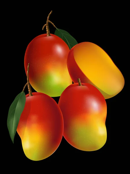 Διάνυσμα Mango Ρεαλιστική Εικονογράφηση Φύλλο Sliced Mango Μαύρο Φόντο — Διανυσματικό Αρχείο