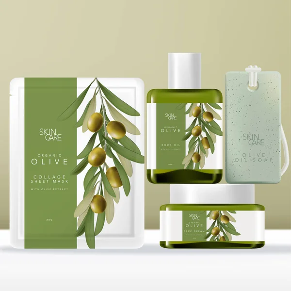 Yüz Maskesi Paketi, Paket veya Sachet, Renkli Yeşil Cam Serum Şişesi ve Kavanozlu Vector Zeytin Yağı Paketi, İpte Sabun. Zeytin illüstrasyonu Yazdırıldı. 
