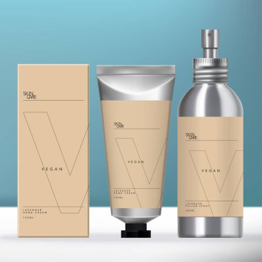 Vector Alüminyum Güzellik Seti Vida Kapağı Aerosol Sprey Şişe, Metalik Gümüş Tüpü ve Kutu Tasarımı.
