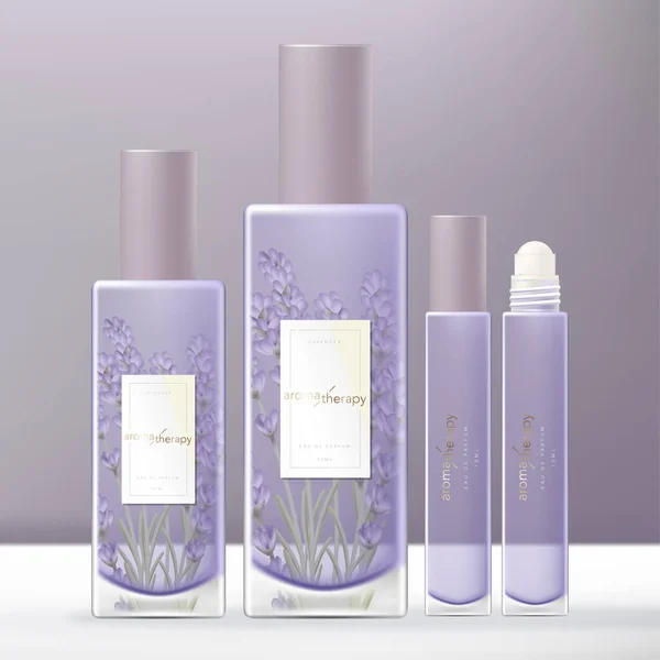 Vector Lavendel Violett Parfüm Glasflaschenverpackung Set Mit Rolle Auf Duftöl — Stockvektor
