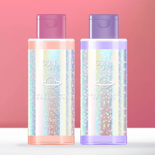 Trendy Glitter Hologic Beauty Toiletries Clear Bottle Packaging — 스톡 벡터