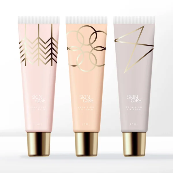 Vector Pastel Clear Lip Gloss Tube Packaging Gold Cend Cap — 스톡 벡터