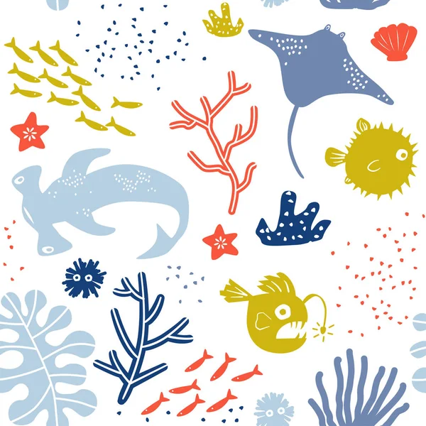 Vector Underwater World Kid ya da Stingray, Kirpi Balığı, Fener Balığı ve Çekiç Kafalı Çocuk Örnekleri.
